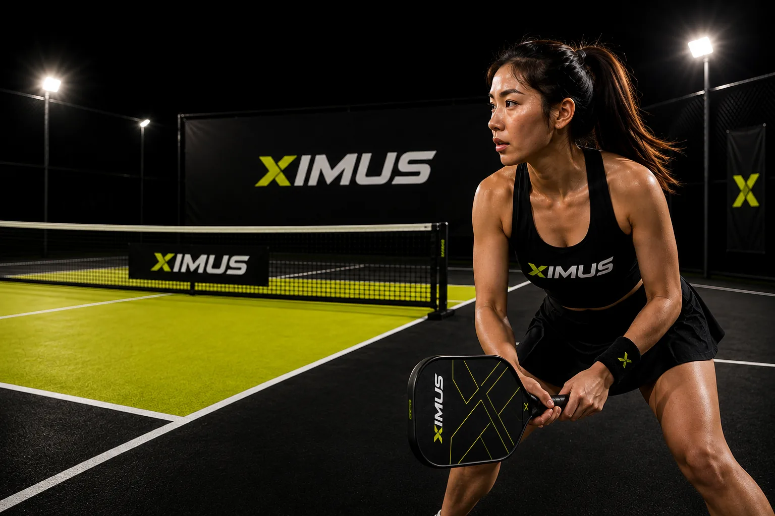XIMUS athlete ready for play on a branded pickleball court