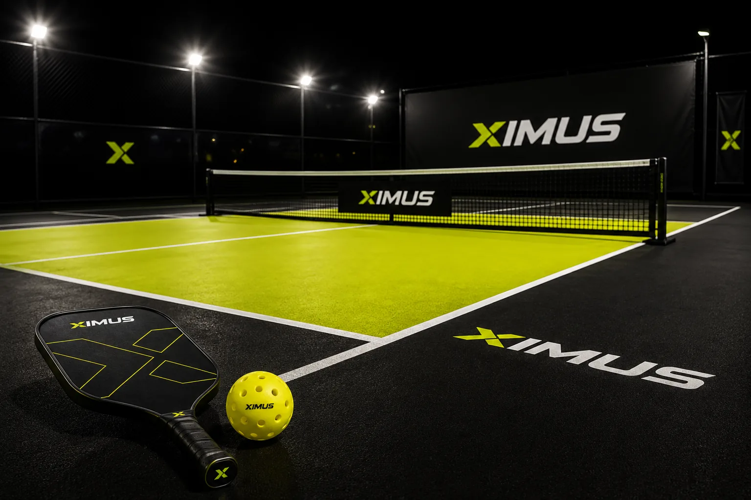 XIMUS branded pickleball court, paddle, and ball