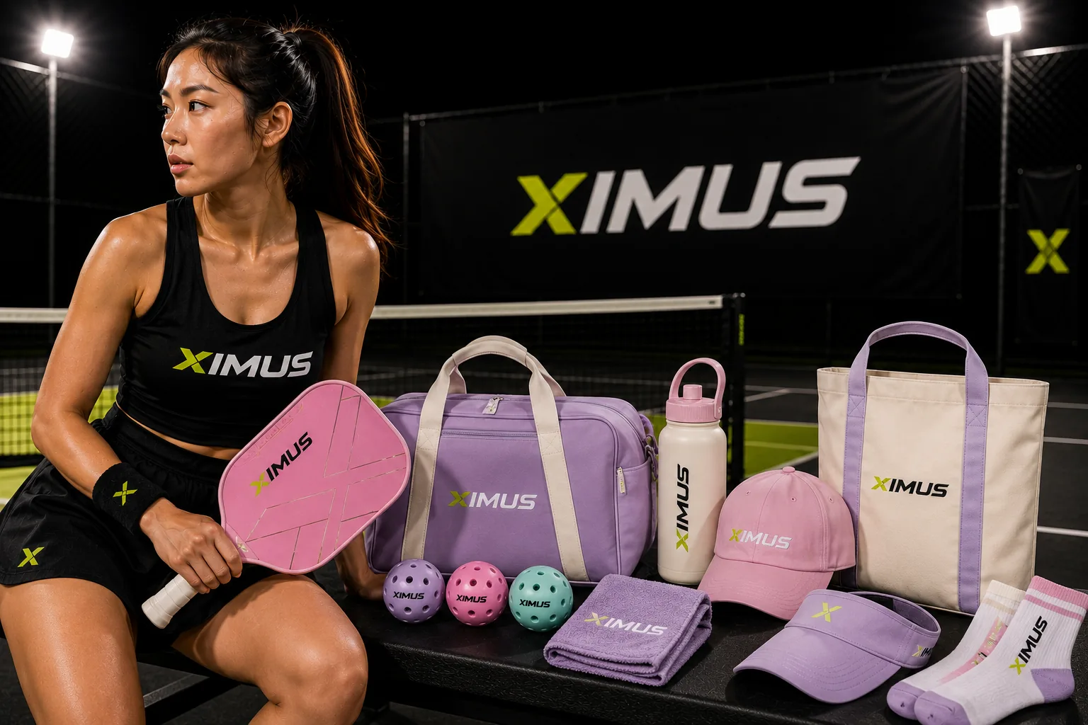 XIMUS pastel pickleball gear and accessories with athlete